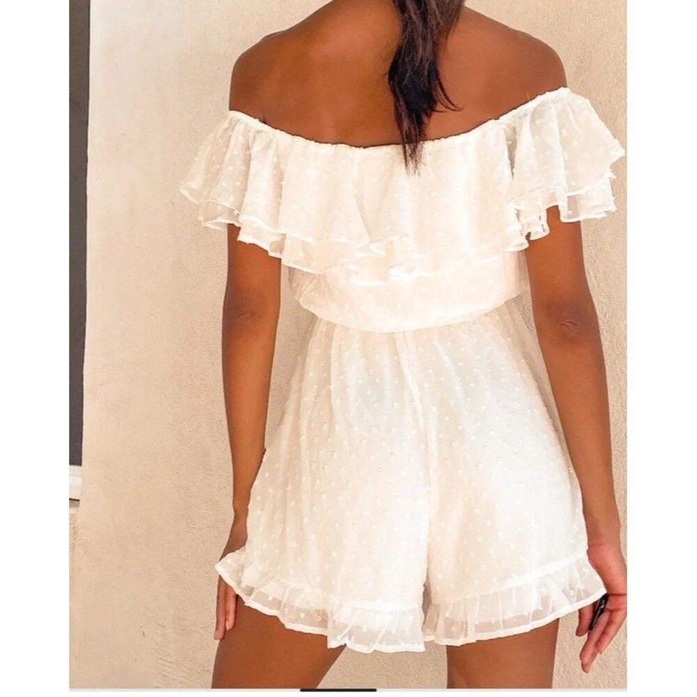Lulus Frilled To Bits White Romper Off The Shoulder Swiss Dot Bridal Extra Small